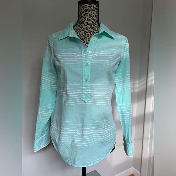 Vineyard Vines Women's Sz 0 Cotton Blend Striped Popover Teal Roll Tab - Picture 1 of 8